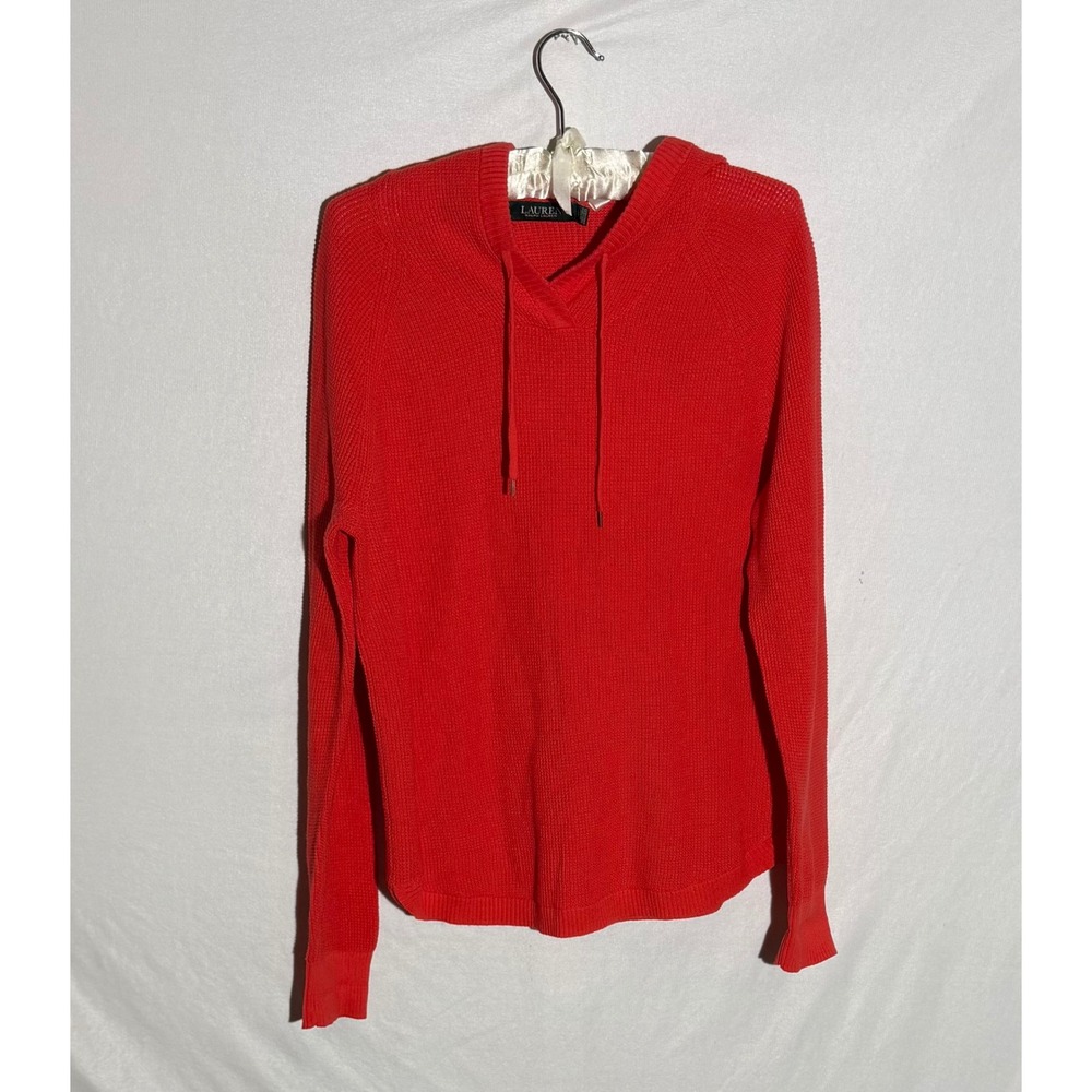 Lauren Ralph Lauren Red Waffle‎ Knit Hoodie Sweater Womens Large Long Sleeve GUC